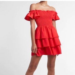 Red Smocked Ruffle Off the Shoulder Dress